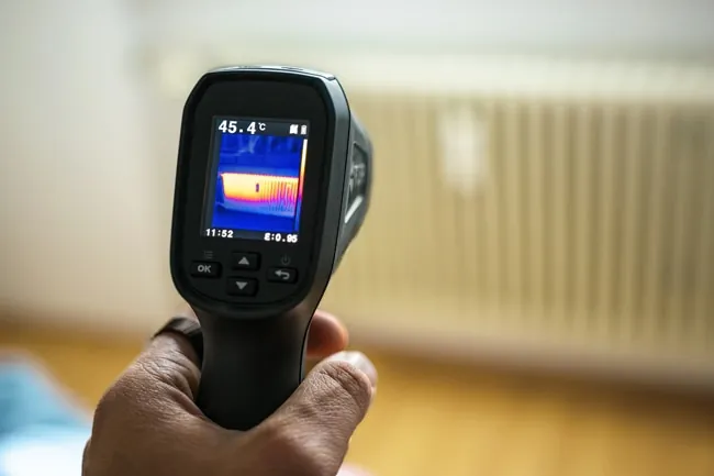 Building inspector using a thermal imaging camera to detect hidden moisture in an Auckland home