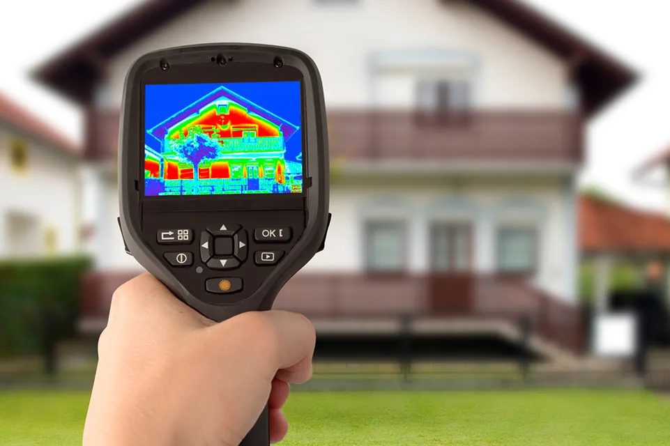 Thermal scanner scanning the heat of a house from the outside